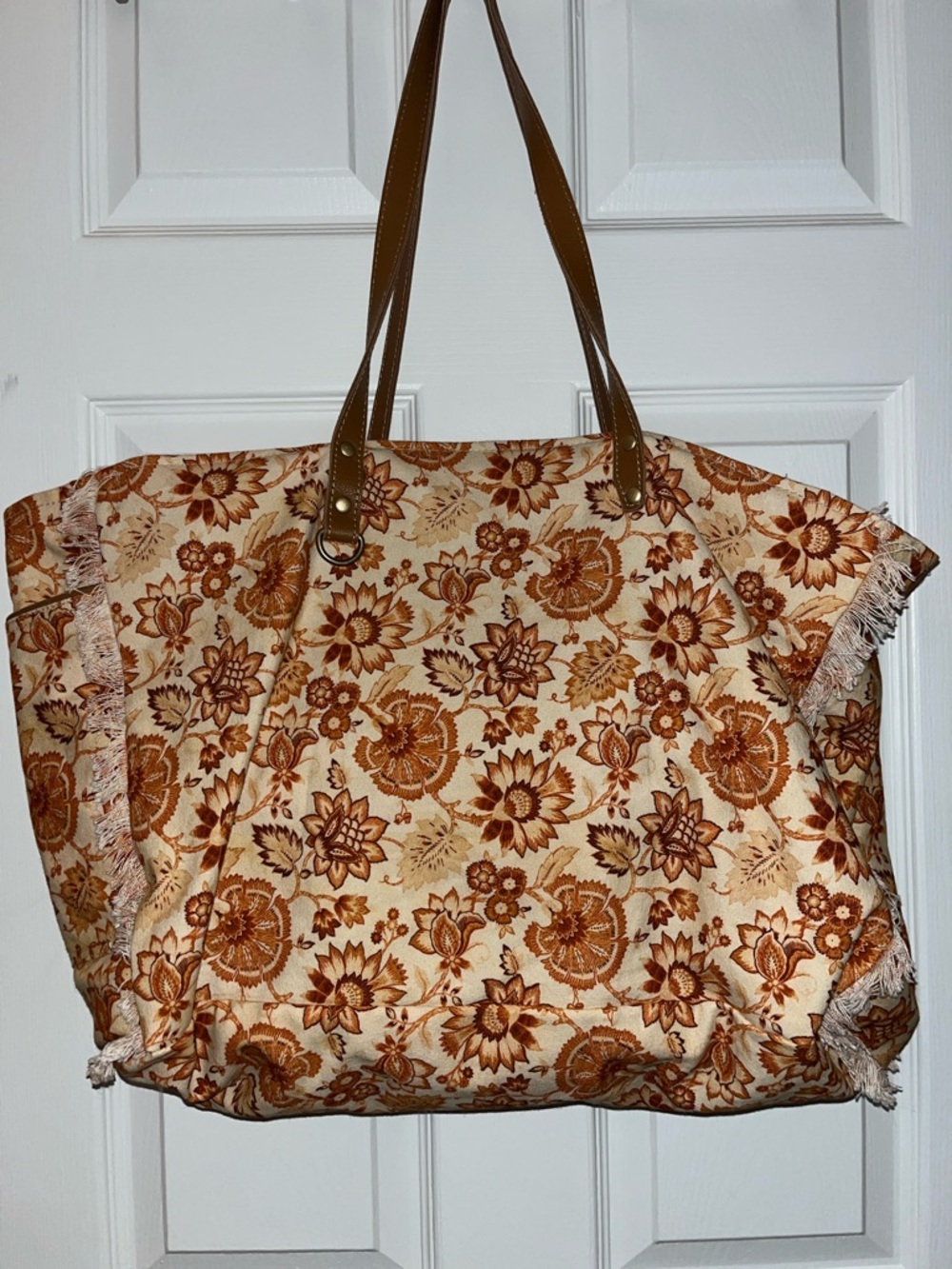 Myra Bag Floral Canvas Tote in Brown and Cream with fringe - Picture 4 of 10